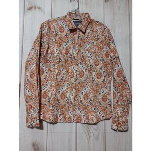 Rough Stock Shirt Ladies Medium Snap Front Paisley Orange Western Pan Handle Sli